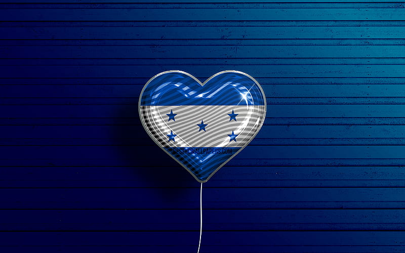 I Love Honduras realistic balloons, blue wooden background, North American countries, Honduran flag heart, favorite countries, flag of Honduras, balloon with flag, Honduran flag, North America, Love Honduras, HD wallpaper