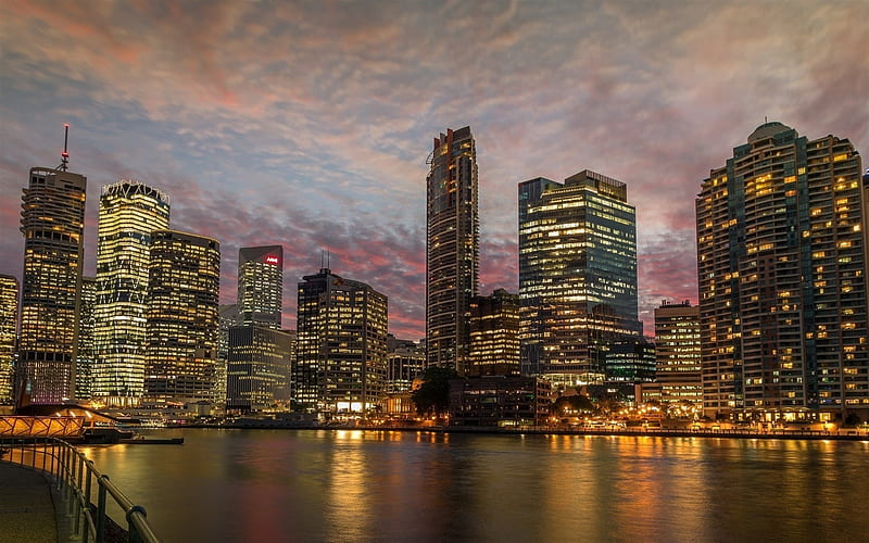 Brisbane, twilight, skyscrapers, panorama, Australia, HD wallpaper