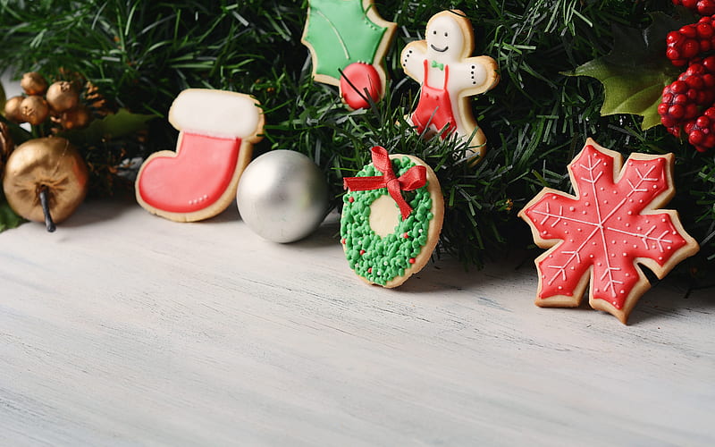 Christmas cookies, New Year, decoration, baking, Christmas, tree, HD wallpaper