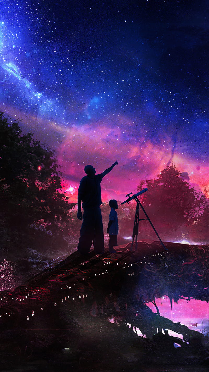 father son under the sky , dad, night, HD phone wallpaper