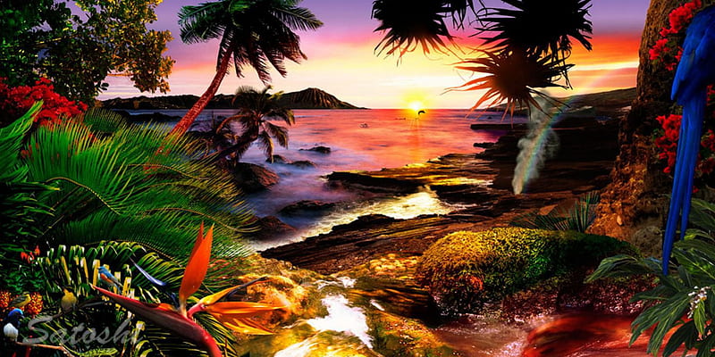 Thinking Ahead, beach, ocean, flower, sunset, trees, tropical, artwork ...