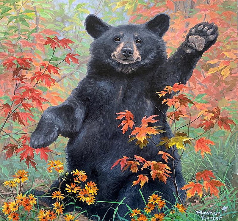 Autumn Greeting, fall, leaves, painting, bear, colors, funny, artwork, HD wallpaper