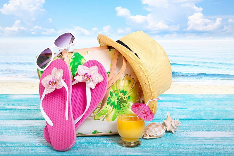 Summer Beach, sunglasses, glass, beach, shell, flowers, nature, hat, HD ...