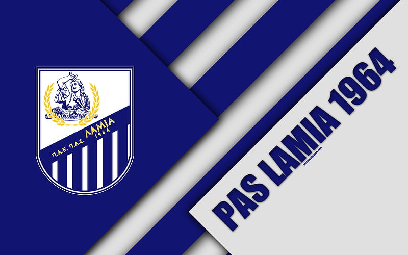 PAS Lamia 1964 white blue abstraction, logo, material design, Greek football club, Super League, Lamia, Greece, Superleague Greece, HD wallpaper