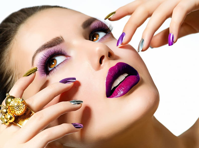 Beauty, model, nails, woman, lips, make-up, lipstick, girl, purple, face, ring, pink, HD wallpaper