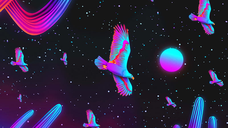 Birds and moon, blue, moon, vaporwave, luminos, black, sky, planey, moon, fantasy, bird, neon, pink, night, HD wallpaper