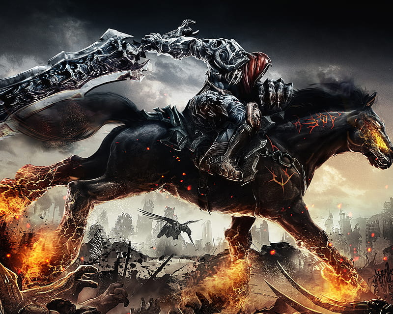 Darksiders, enemy, fire, game, horse, guerra, warrior, HD wallpaper