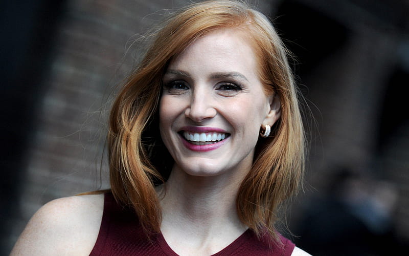 Jessica Chastain, smile, American actress, portrait, burgundy dress, HD wallpaper