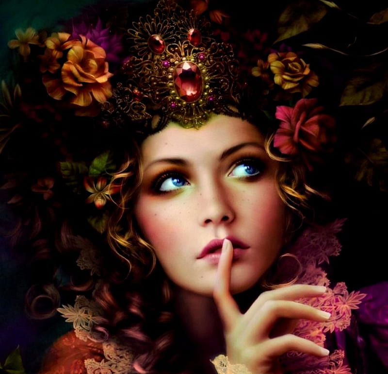 Secret, art, melaniedelon, woman, fantasy, flower, beauty, face ...