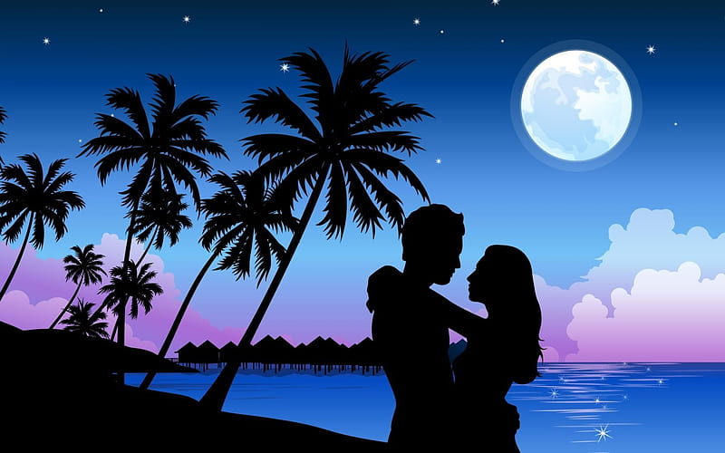 Moonlight, cloud, moon, luminos, black, silhouette, sea, lovers, moon, vara, summer, pink, couple, palm tree, blue, HD wallpaper