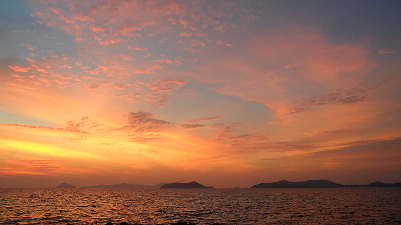 Pano Sunset, cloud, orange, sunset, sky, thailand, sea, immense, island, HD wallpaper