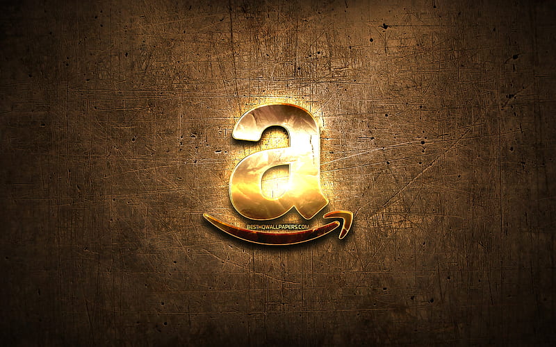 Amazon golden logo, artwork, brown metal background, creative, Amazon logo, brands, Amazon, HD wallpaper