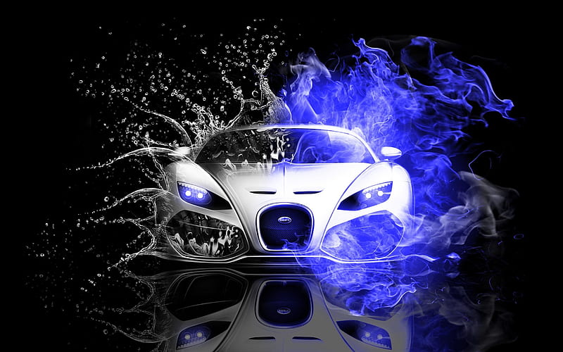 Bugatti, black, blue, car, flames, HD wallpaper