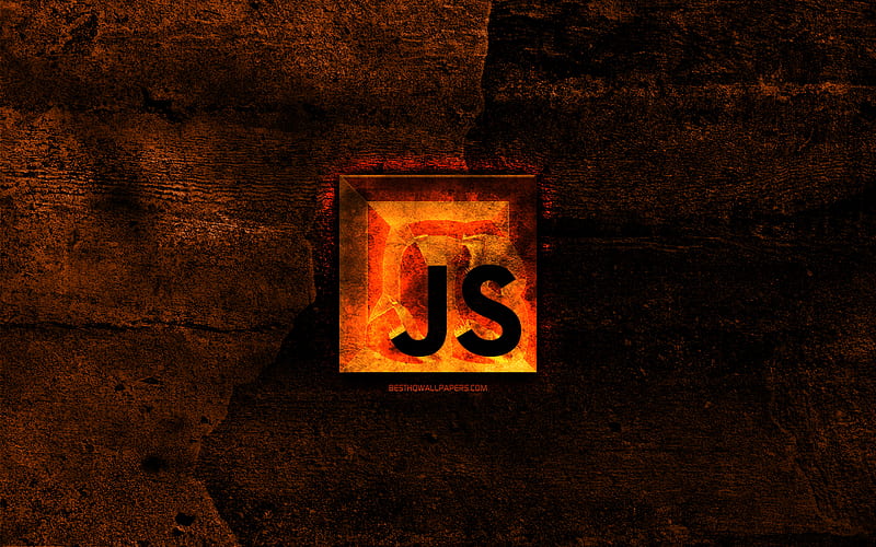 JavaScript fiery logo, programming language, orange stone background, creative, JavaScript logo, programming language signs, JavaScript, HD wallpaper