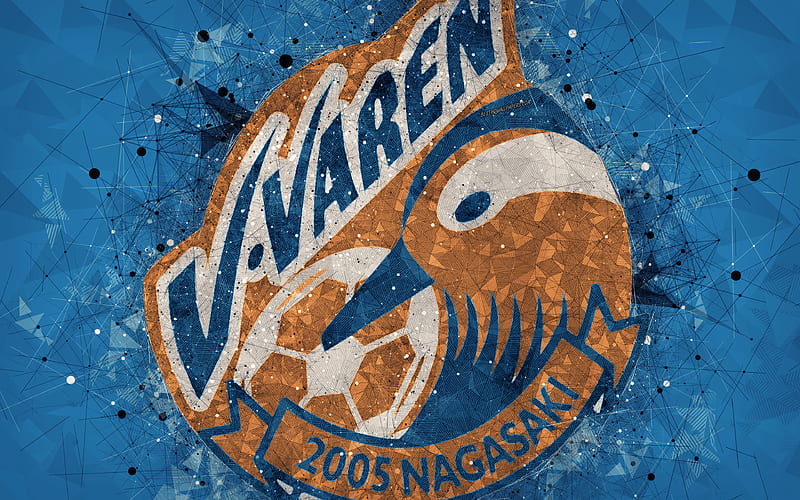 V-Varen Nagasaki Japanese football club, creative geometric art, logo, mosaic, blue asbstract background, J-League, Nagasaki, japan, J1 League, football, HD wallpaper