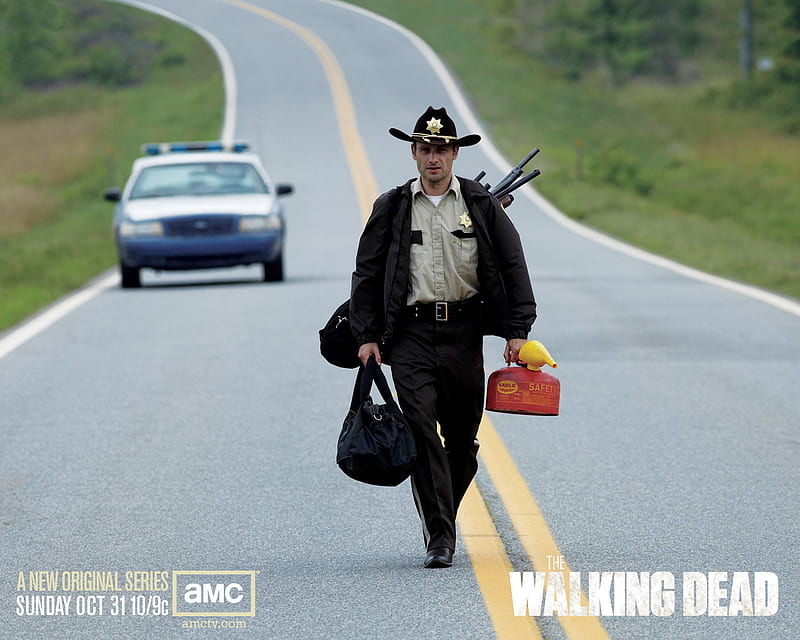 Rick Grimes - The Walking Dead, dead, fuel, tv, zombie, highway, alone, comic, gun, cop, car, police, walking, road, HD wallpaper
