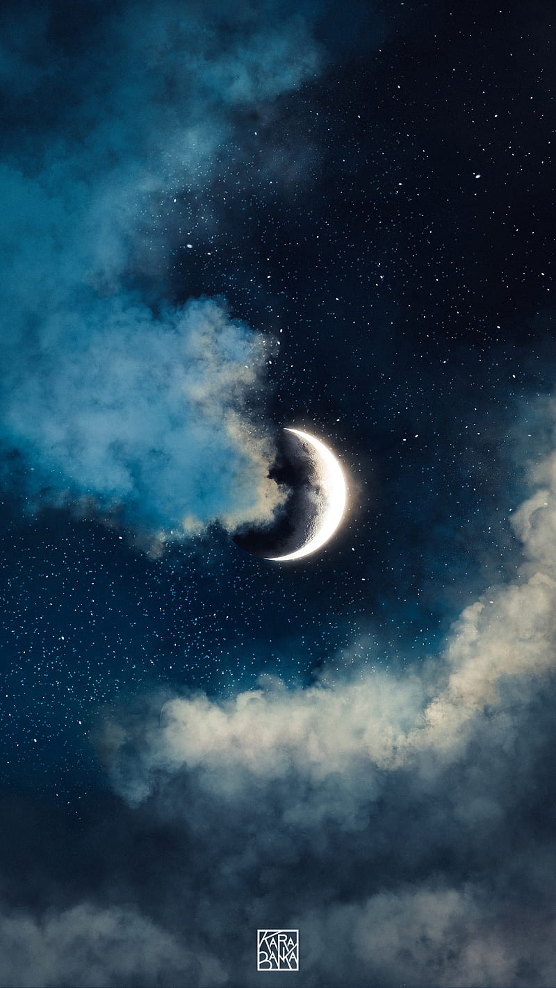 In The Clouds, Instagram, Karabanka, awesome, bonito, beauty, blue, cinematic, cloud, color, colors, crescent, dark, dreamy, dust, eclipse, fantastic, galaxy, glow, good, incredible, manipulation, mood, moody, moon, nice, night, hop, scene, space, yellow, HD phone wallpaper