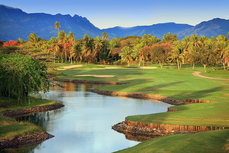 Golf Course Fiji, polynesia, islands, exotic, view, lush, course, green, paradise, mountains, serene, golf, island, tropical, fiji, south pacific, HD wallpaper