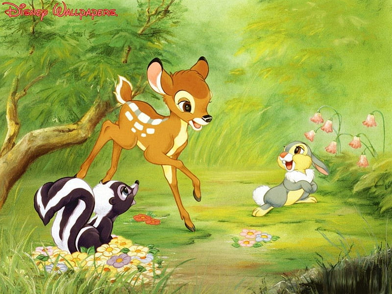 ~Bambi & His Friends~, forest, rabbit, Disney, movie, bambi, skunk, spring, deer, thumper, flower, classic, friends, HD wallpaper