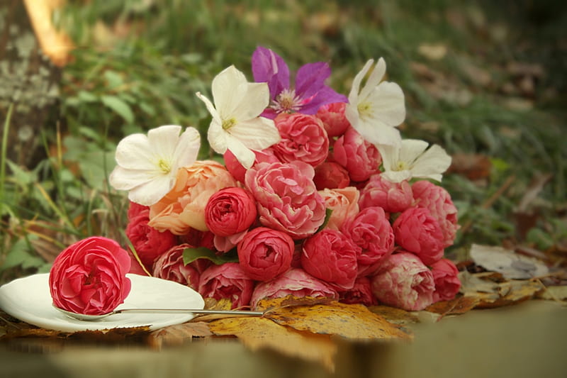 Autumn bouquet, fall, autumn, lake, leaves, water, bouquet, flowers, plate, beauty, HD wallpaper