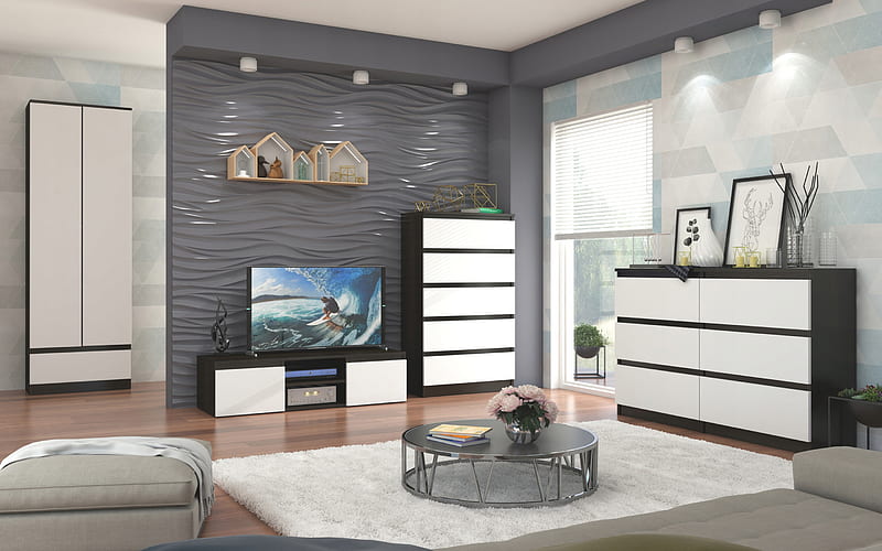 stylish living room design, gray 3d waves on the wall, 3d waves gypsum panels, living room idea, living room project, modern interior design, HD wallpaper