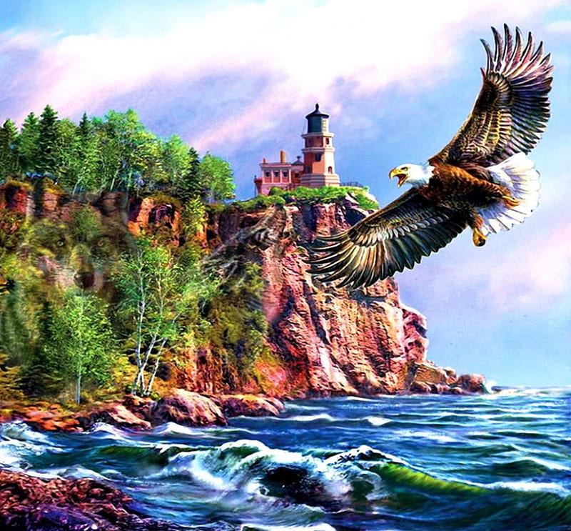 Around the Lighthouse, water, bald eagle, painting, eagle, cliff, waves, artwork, sea, HD wallpaper