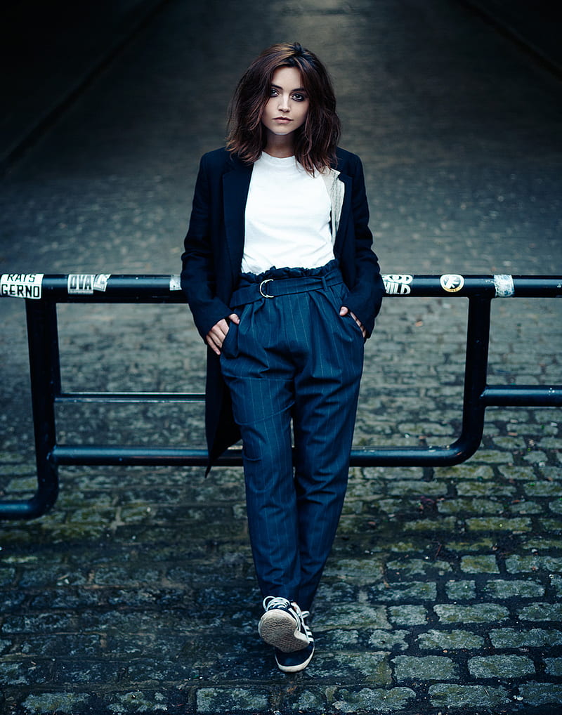 women, actress, brunette, women outdoors, sneakers, hands in pockets, depth of field, makeup, Jenna Louise Coleman, high angle, frontal view, HD phone wallpaper