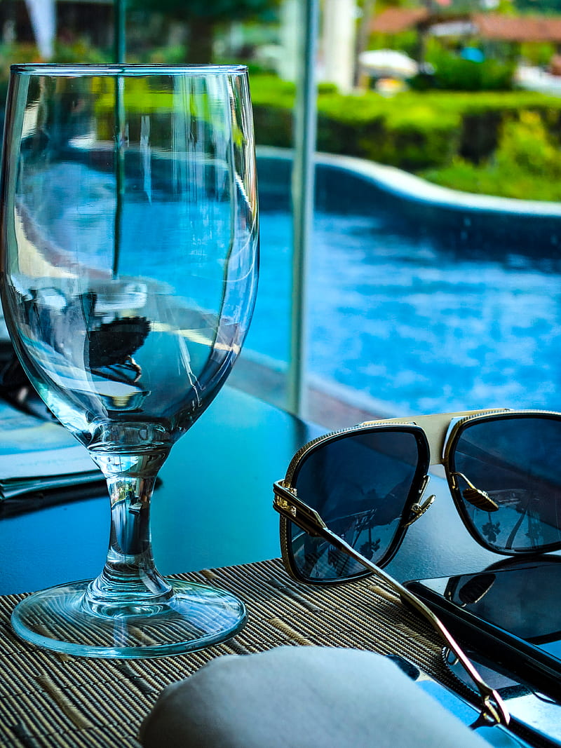 empty goblet beside sunglasses, HD phone wallpaper