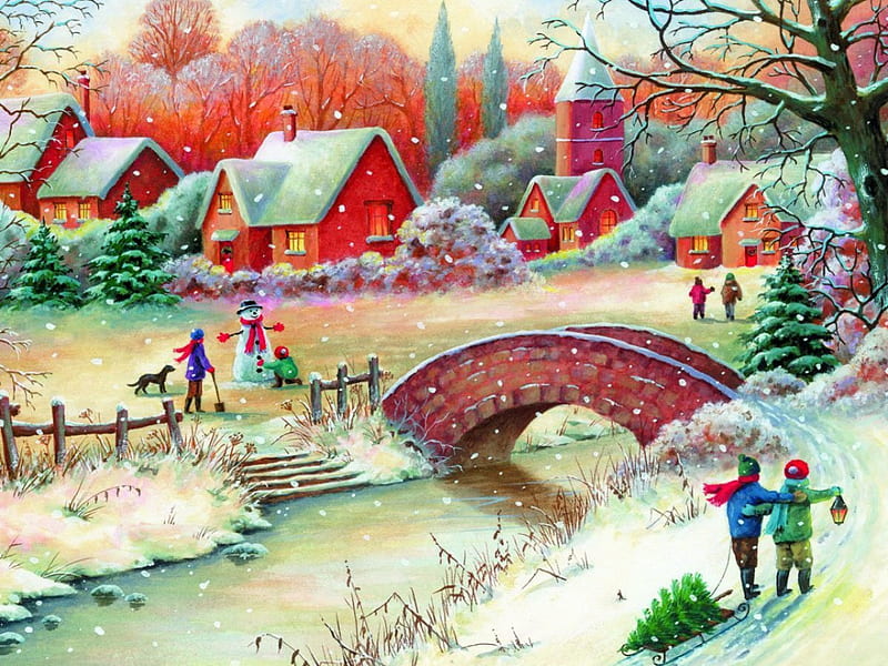Winter celebration, shore, children, cold, countryside, bridge ...