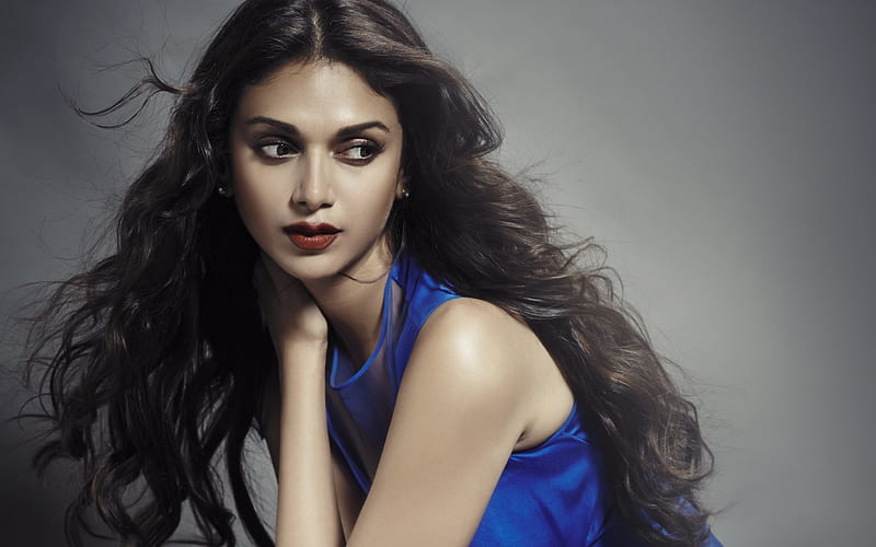 Aditi Rao Hydari, Indian actress, beautiful girl, brunette, makeup, portrait, blue dress, HD wallpaper