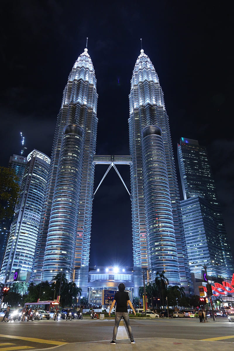 The two giants, city, kuala lumpur, lights, man, night, skyscrapers, urban, HD phone wallpaper