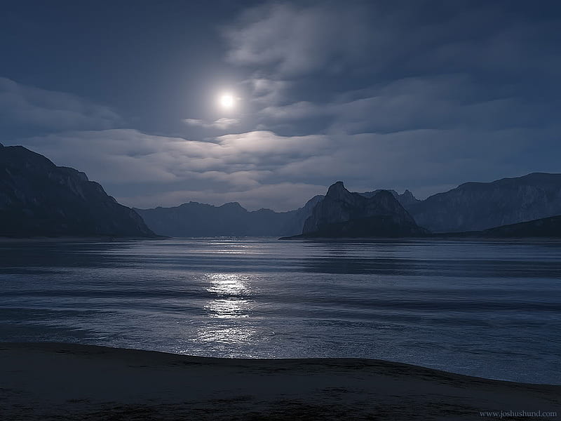 Romantic Night, shore, full moon, mountains, clouds, lake, HD wallpaper