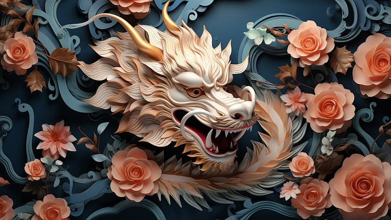 Zodiac - Dragon, rose, pink, craciun, fantasy, flower, dragon, chinese zodiac, new year, christmas, HD wallpaper
