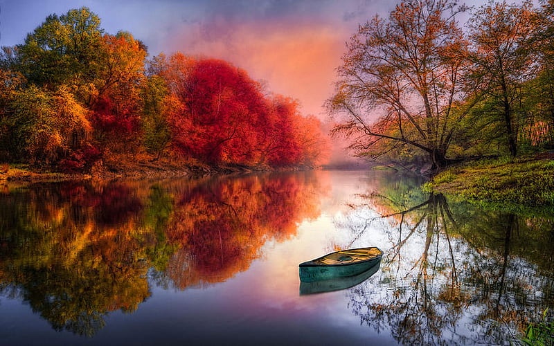 Beauty at the lake, sunset, autumn, boat, trees, water, HD wallpaper ...