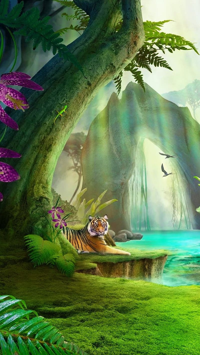 Enchanted Forest Enchanted Jungle Lake Landscape With Tiger Enchanted HD Phone Wallpaper Peakpx