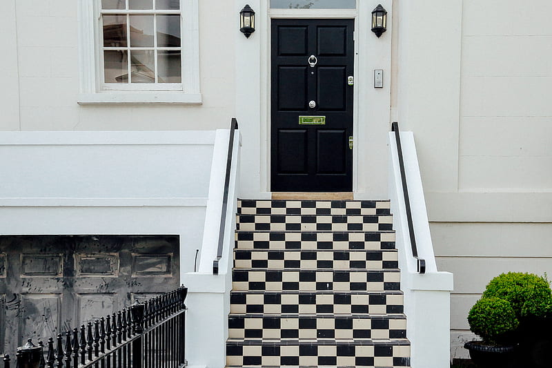 closed white and black house with checked staircase, HD wallpaper