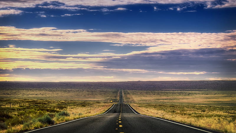long blacktop highway through the prairie, highway, blacktop, prairie, clouds, sky, HD wallpaper