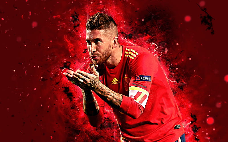 Sergio Ramos goal, Spain National Team, football stars, fan art, Ramos, soccer, neon lights, Spanish football team, HD wallpaper