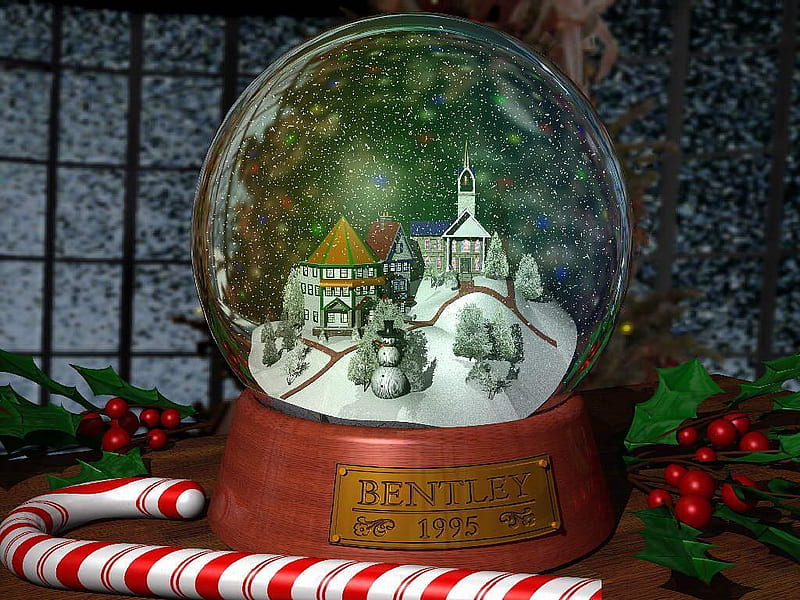 Snow Globe, holly, snowman, church, candycane, HD wallpaper