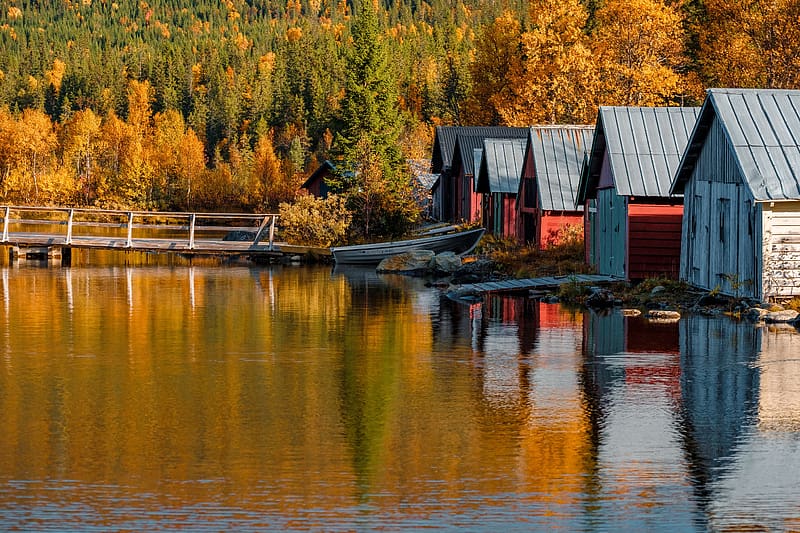 Boathouses in autumn, fall, autumn, serenity, lake, boathouse, river, tranquility, quiet, reflection, trees, forest, HD wallpaper