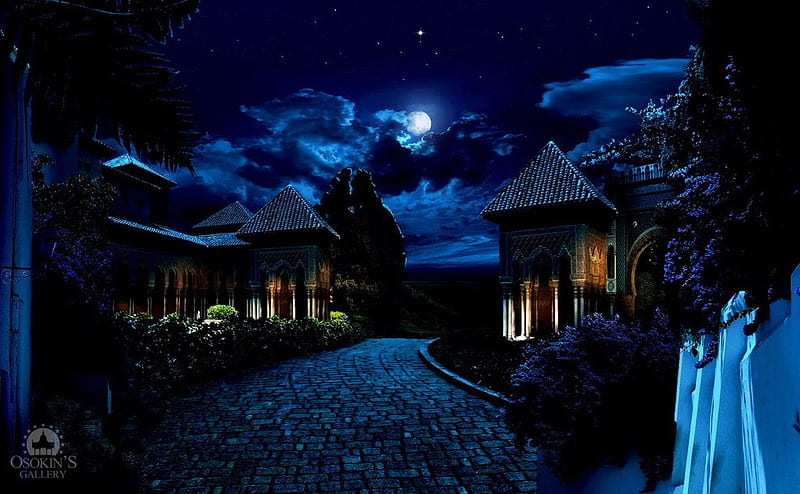 Sanctuary, gateway, pathway, moonlight, guiding lights, road, night, HD wallpaper