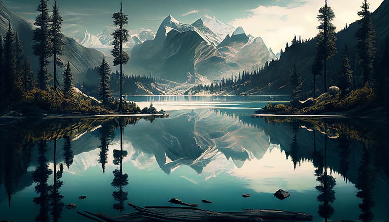 Painting Mountain Lke with Muntain Background, reflection, lke, Oil Painting, Mountain, HD wallpaper