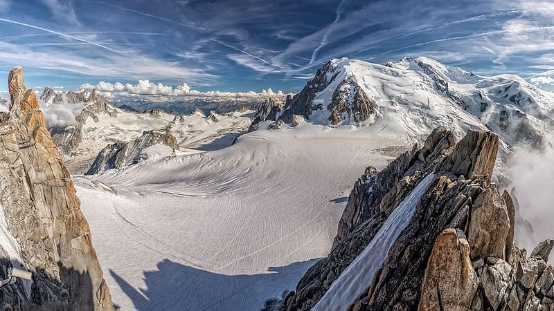 Mont Blanc Mountain range, French Alps, clouds, landscape, sky, snow, rocks, HD wallpaper