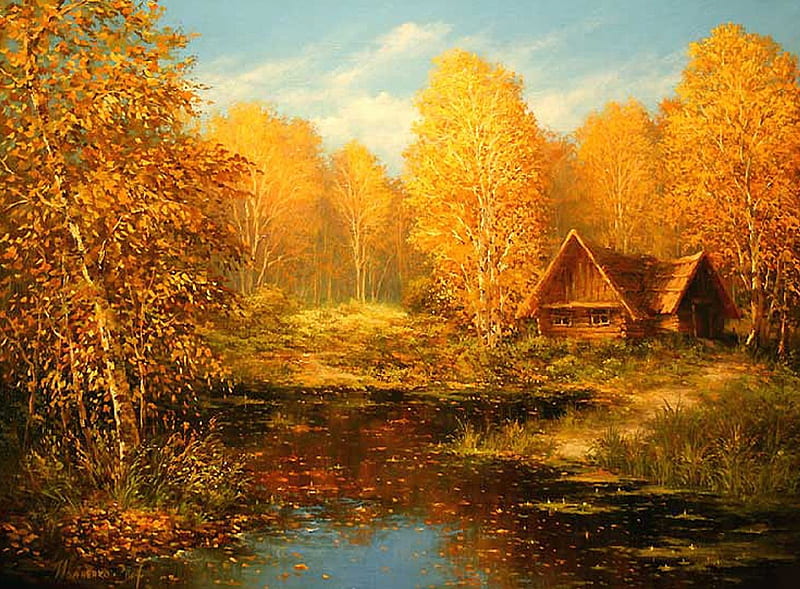 Autumn Day At The Cabin, yellow leaves, autumn day, water, cabin, HD ...