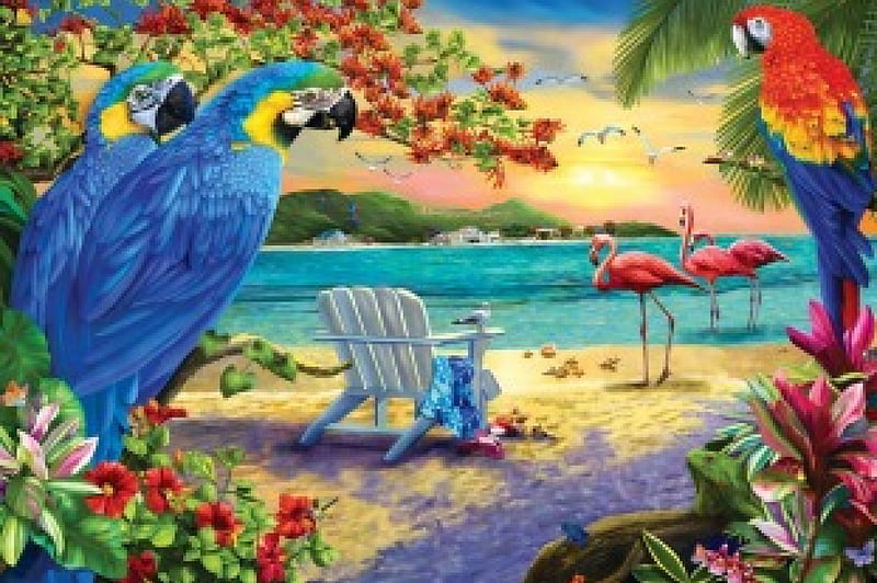 Tropical Birds F1C, art, shore, adirondack chairs, birds, bonito, artwork, flamingos, beach, sand, painting, wide screen, parrots, scenery, HD wallpaper