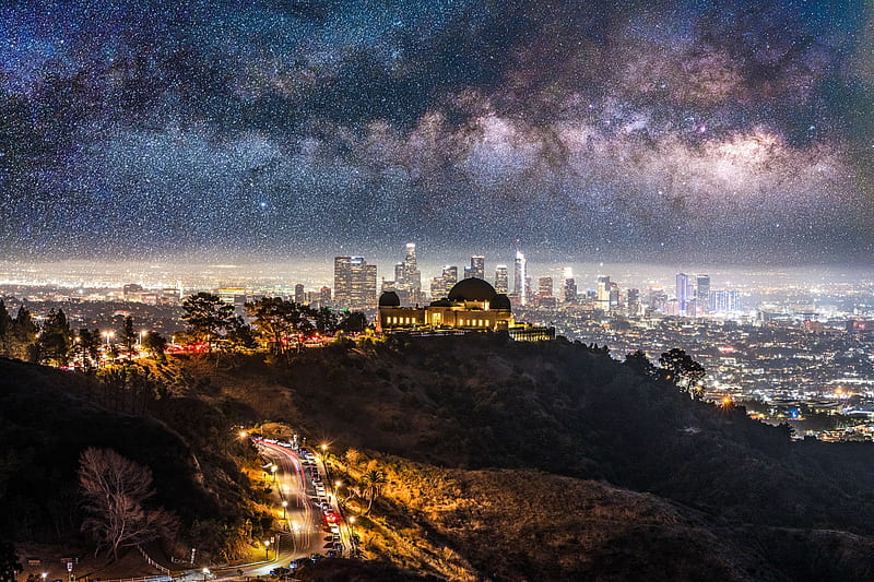 LA Skyline & Griffith Observatory, city, usa, skyscrapers, nightscape, HD wallpaper