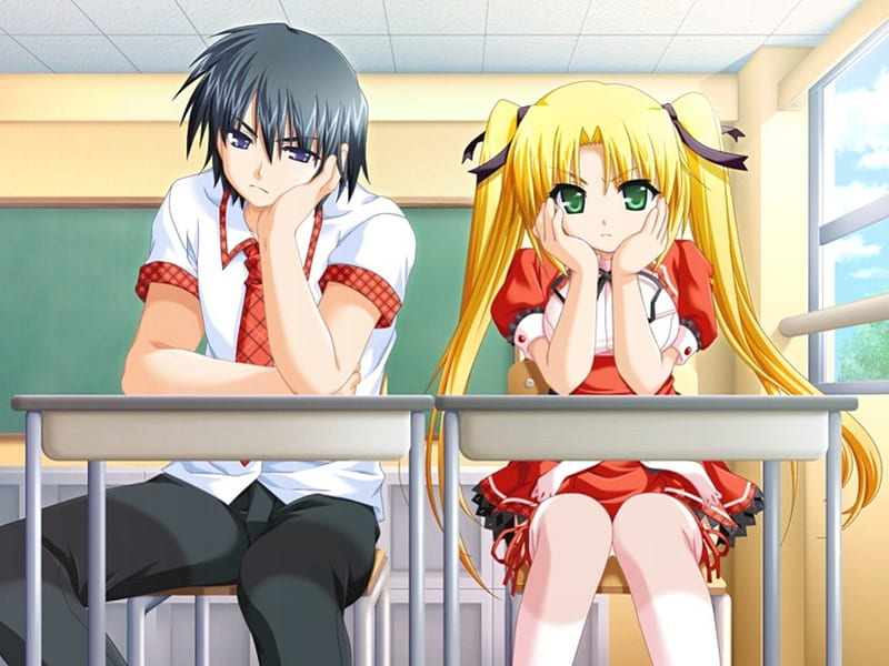 ♡ Love or Hate ♡, pretty, blond, class, guy, green eyes, angry, sweet, nice, anime, love, handsome, hot, anime girl, chair, long hair, couple, table, female, male, lovely, classroom, blonde, blonde hair, twintails, sexy, blond hair, cute, boy, girl, lover, desk, bored, HD wallpaper