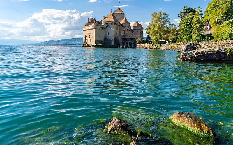 Chillon Castle, Lake Geneva, island castle, ancient castle, Swiss castles, Switzerland, HD wallpaper