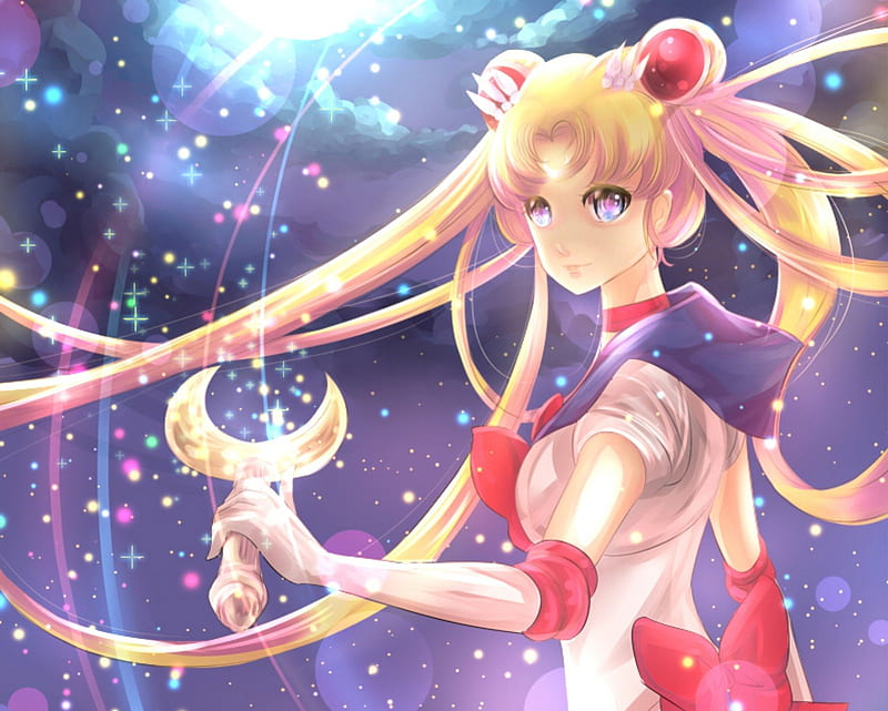 Sailor Moon, dress, shine, sweet, magical girl, serena, moon, anime, anime girl, weapon, long hair, star, light, female, wand, ribbon, blonde, blonde hair, usagi tsukino, princess serenity, cute, girl, crescent, princess, HD wallpaper