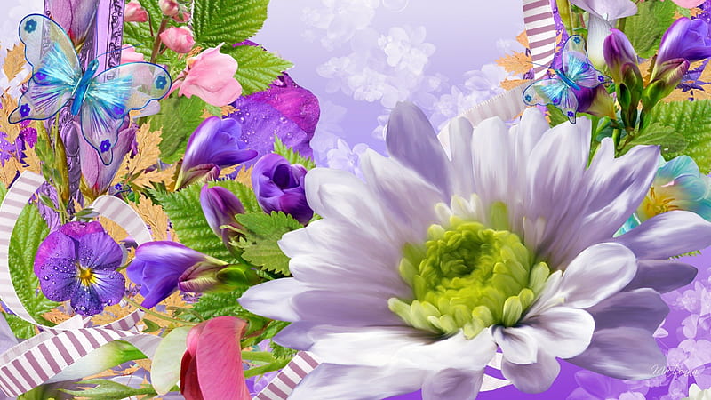 Flower Power, ribbon, spring, lavender, pansy, butterfly, purple ...